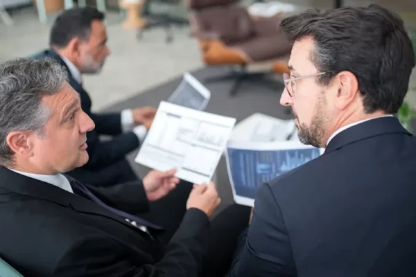Three businessmen discussing financial documents in a modern office setting.