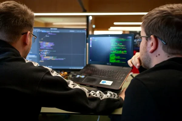 two men sitting in front of a laptop computer