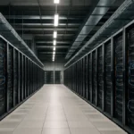 Wide view of a data center interior with multiple server racks and visible cabling under bright industrial lights.