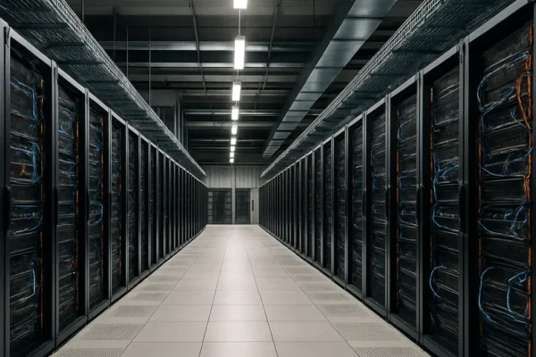 Wide view of a data center interior with multiple server racks and visible cabling under bright industrial lights.
