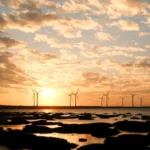Wind turbines silhouetted against a sunset sky