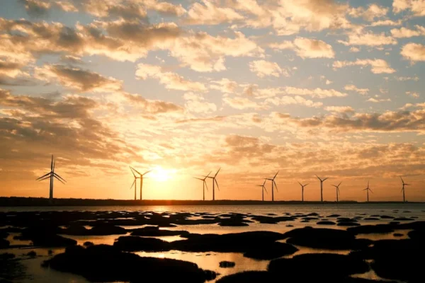 Wind turbines silhouetted against a sunset sky