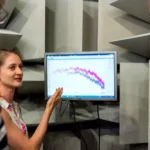 woman in white and red floral sleeveless top standing beside black flat screen tv