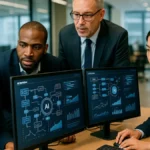 A group of banking professionals working together around computers showing AI workflow dashboards in a modern office setting.