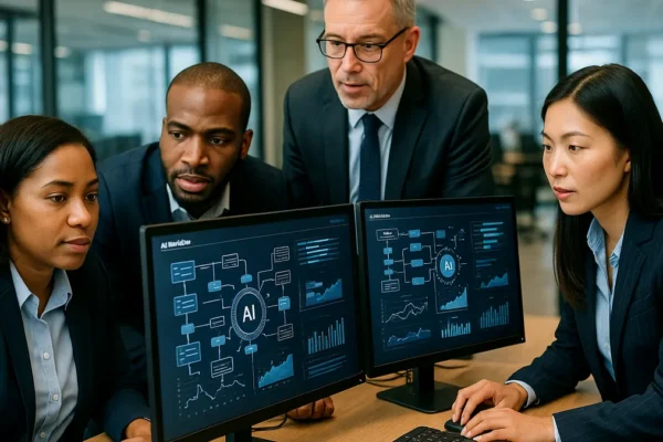 A group of banking professionals working together around computers showing AI workflow dashboards in a modern office setting.
