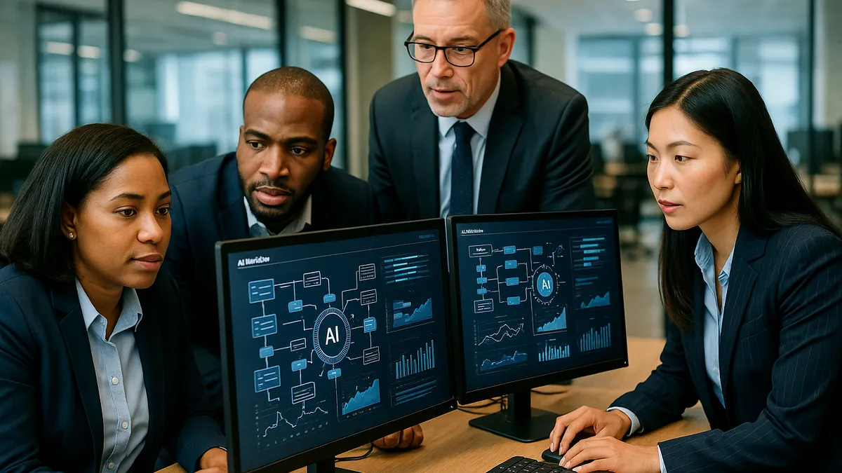 A group of banking professionals working together around computers showing AI workflow dashboards in a modern office setting.
