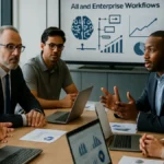 A group of business professionals collaborating around a conference table with laptops and digital charts during a meeting on AI integration.