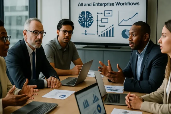A group of business professionals collaborating around a conference table with laptops and digital charts during a meeting on AI integration.