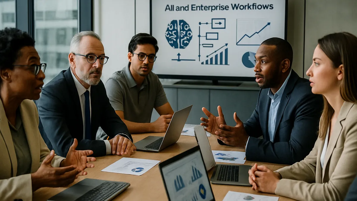 A group of business professionals collaborating around a conference table with laptops and digital charts during a meeting on AI integration.