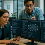 A group of developers working together in an office with computer screens showing AI code and neural network visuals.