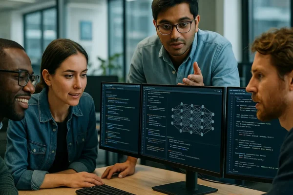 A group of developers working together in an office with computer screens showing AI code and neural network visuals.