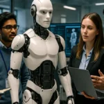 A group of engineers and researchers working with a humanoid robot in a lab, showing interaction and sensor data on screens.