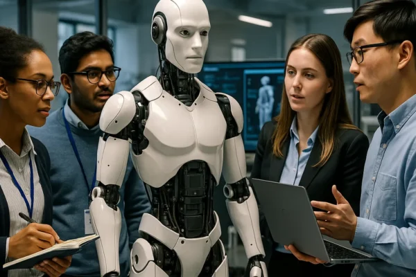 A group of engineers and researchers working with a humanoid robot in a lab, showing interaction and sensor data on screens.