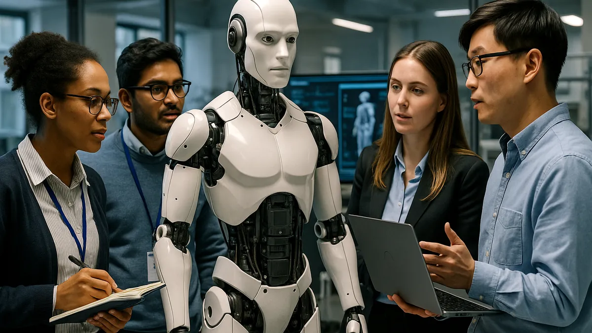 A group of engineers and researchers working with a humanoid robot in a lab, showing interaction and sensor data on screens.