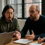 A group of independent researchers working together around a table with laptops and notebooks in a bright office space.