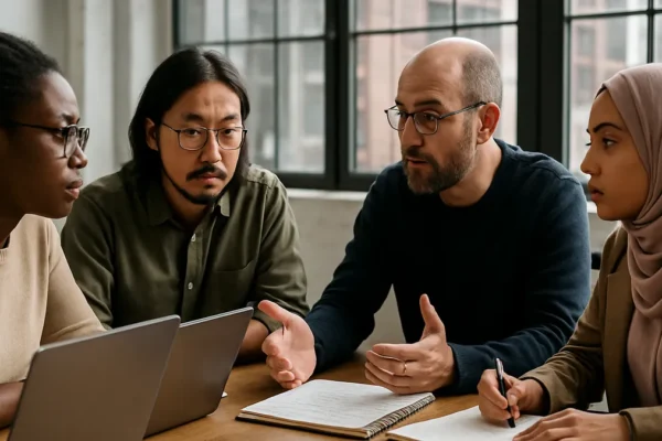 A group of independent researchers working together around a table with laptops and notebooks in a bright office space.