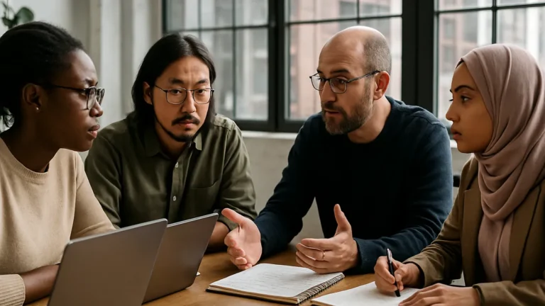 A group of independent researchers working together around a table with laptops and notebooks in a bright office space.