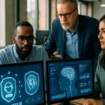 A group of professionals working together in an office with computers showing AI safety tools and data analytics