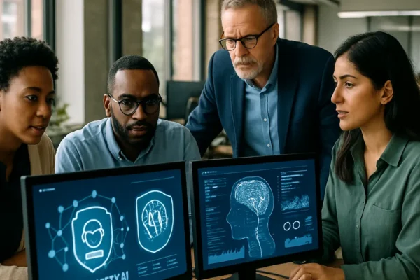 A group of professionals working together in an office with computers showing AI safety tools and data analytics