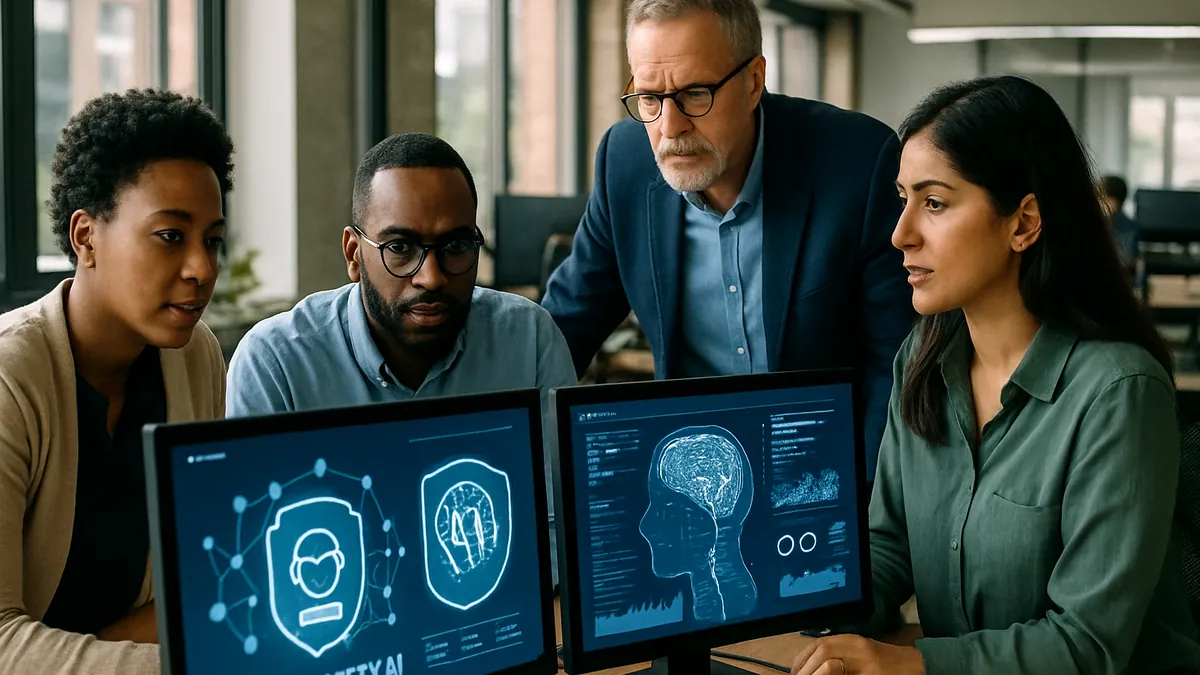 A group of professionals working together in an office with computers showing AI safety tools and data analytics