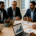A group of technology investors and executives discussing AI funding around a conference table with laptops and charts visible.