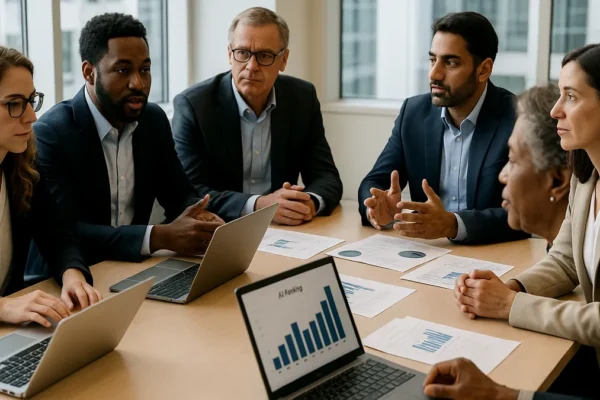 A group of technology investors and executives discussing AI funding around a conference table with laptops and charts visible.