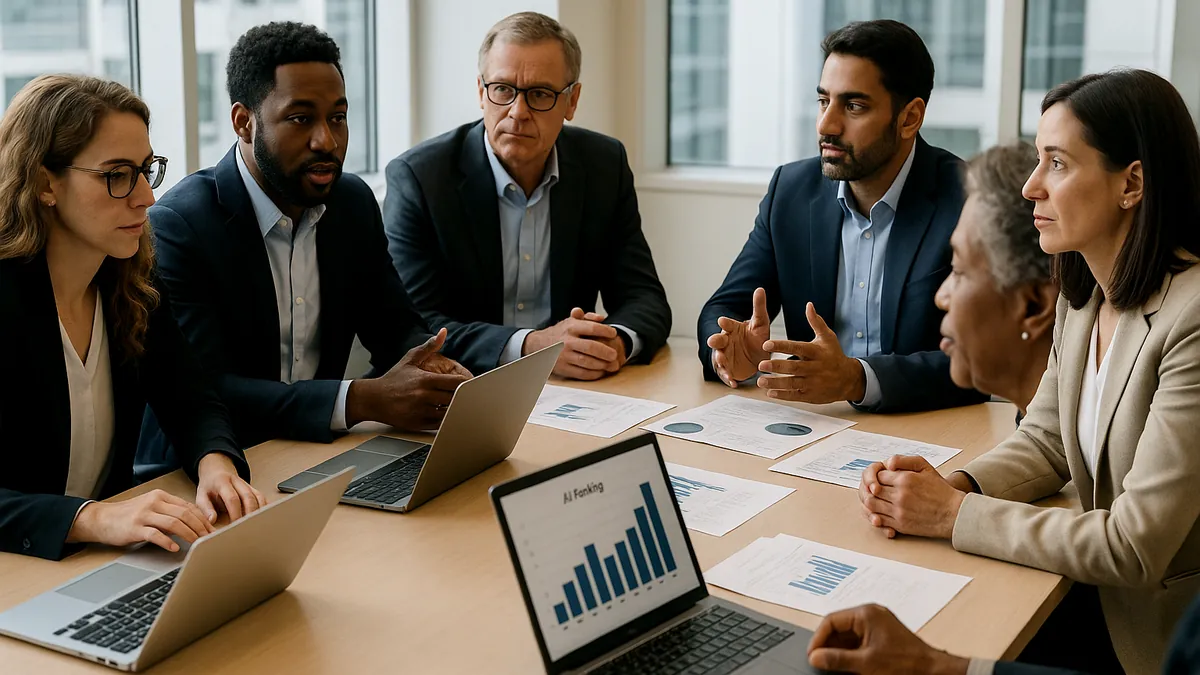A group of technology investors and executives discussing AI funding around a conference table with laptops and charts visible.