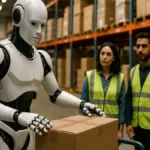 A humanoid robot working in a warehouse with workers and packages around, demonstrating industrial automation in logistics.