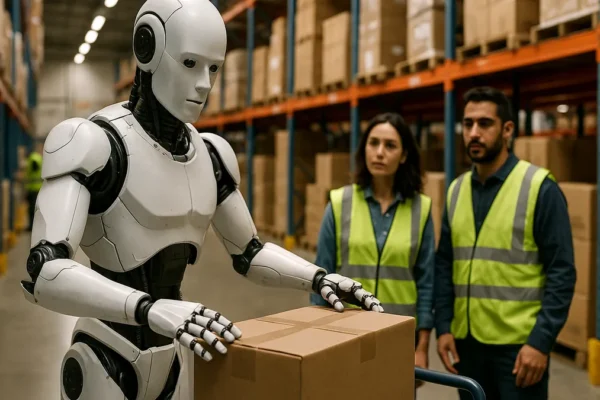 A humanoid robot working in a warehouse with workers and packages around, demonstrating industrial automation in logistics.