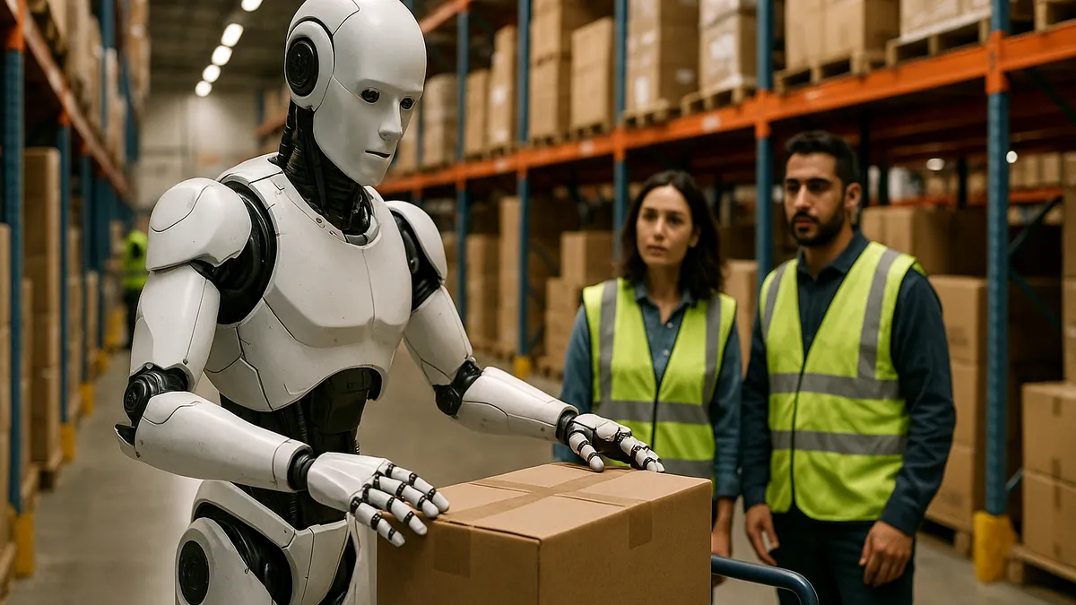 A humanoid robot working in a warehouse with workers and packages around, demonstrating industrial automation in logistics.
