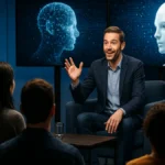 A live tech talk show set with a host, cameras, and audience screens displaying AI content during a broadcast.