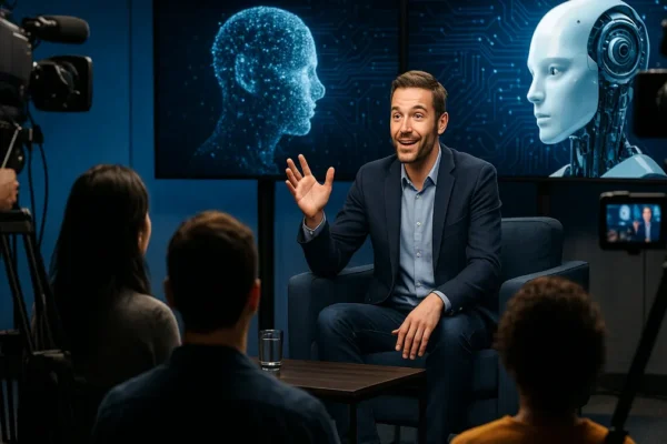 A live tech talk show set with a host, cameras, and audience screens displaying AI content during a broadcast.