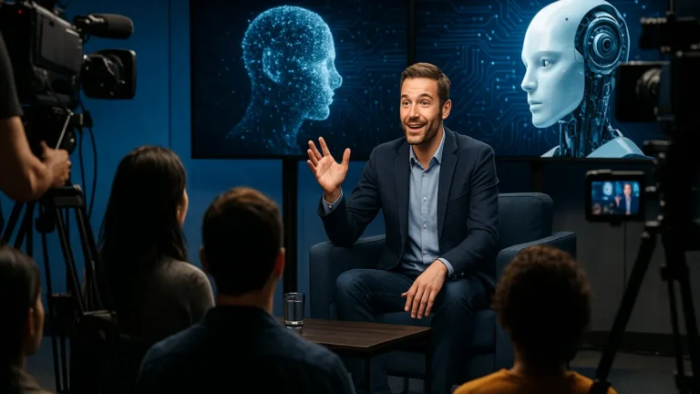 A live tech talk show set with a host, cameras, and audience screens displaying AI content during a broadcast.