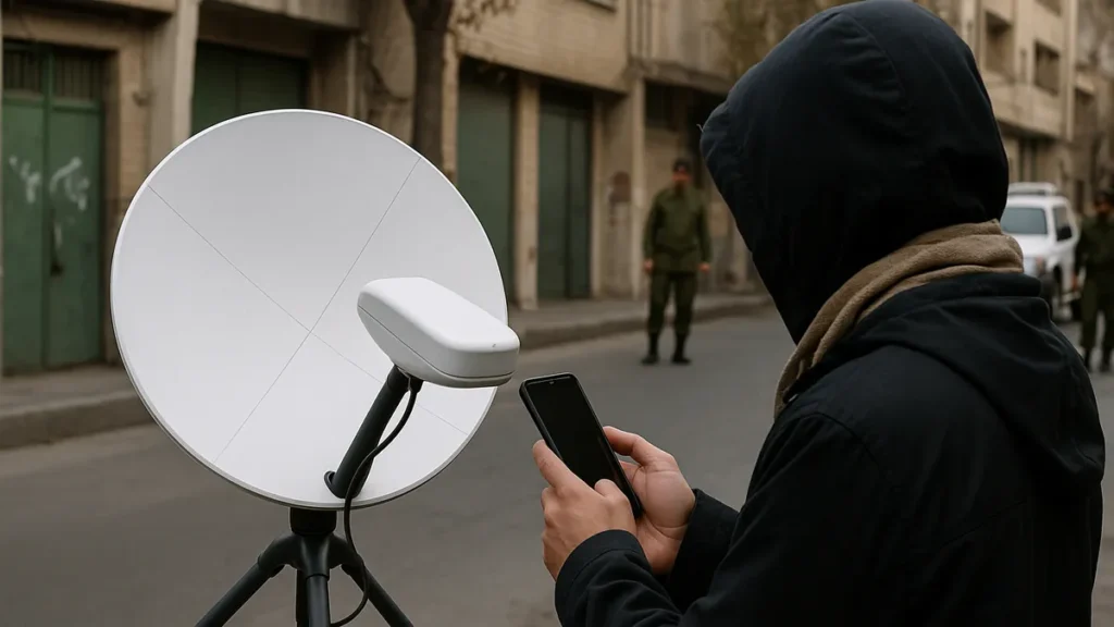 A person operating a satellite internet terminal outdoors in an urban area with a smartphone visible and subtle security presence in the background.