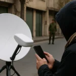 A person operating a satellite internet terminal outdoors in an urban area with a smartphone visible and subtle security presence in the background.
