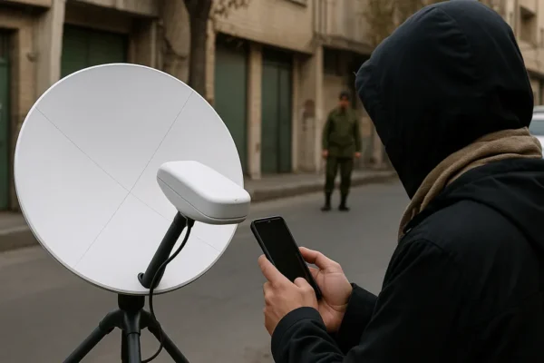 A person operating a satellite internet terminal outdoors in an urban area with a smartphone visible and subtle security presence in the background.