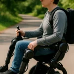 A person outdoors using a self-balancing exoskeleton with joystick control on a paved path surrounded by greenery in daylight.