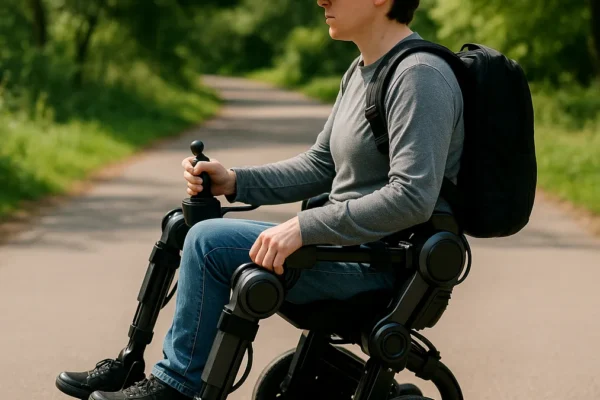 A person outdoors using a self-balancing exoskeleton with joystick control on a paved path surrounded by greenery in daylight.