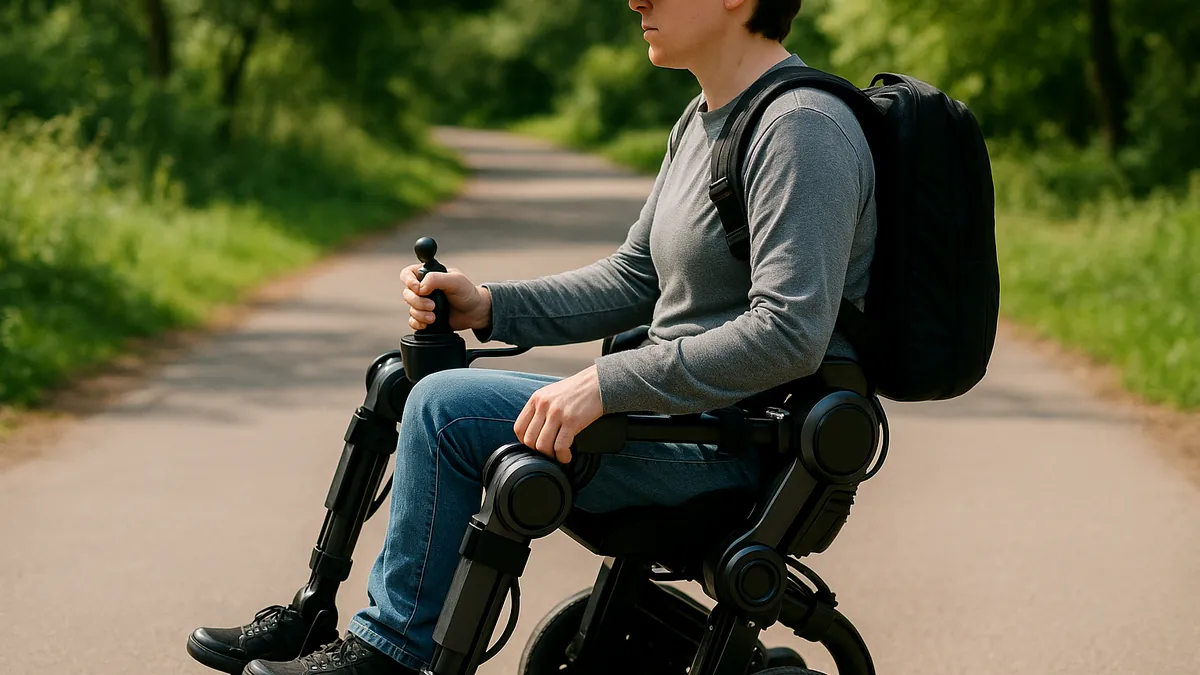 A person outdoors using a self-balancing exoskeleton with joystick control on a paved path surrounded by greenery in daylight.
