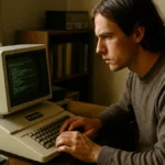 A person using a vintage Apple computer from the 1970s in a home office with retro technology and natural light visible.