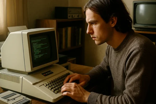 A person using a vintage Apple computer from the 1970s in a home office with retro technology and natural light visible.