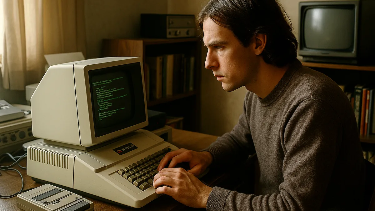 A person using a vintage Apple computer from the 1970s in a home office with retro technology and natural light visible.