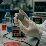 A scientist in a lab coat handling a small implant device amid laboratory instruments and electronic equipment.