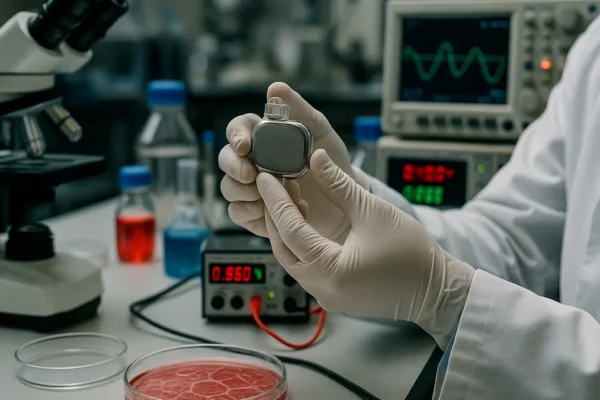 A scientist in a lab coat handling a small implant device amid laboratory instruments and electronic equipment.