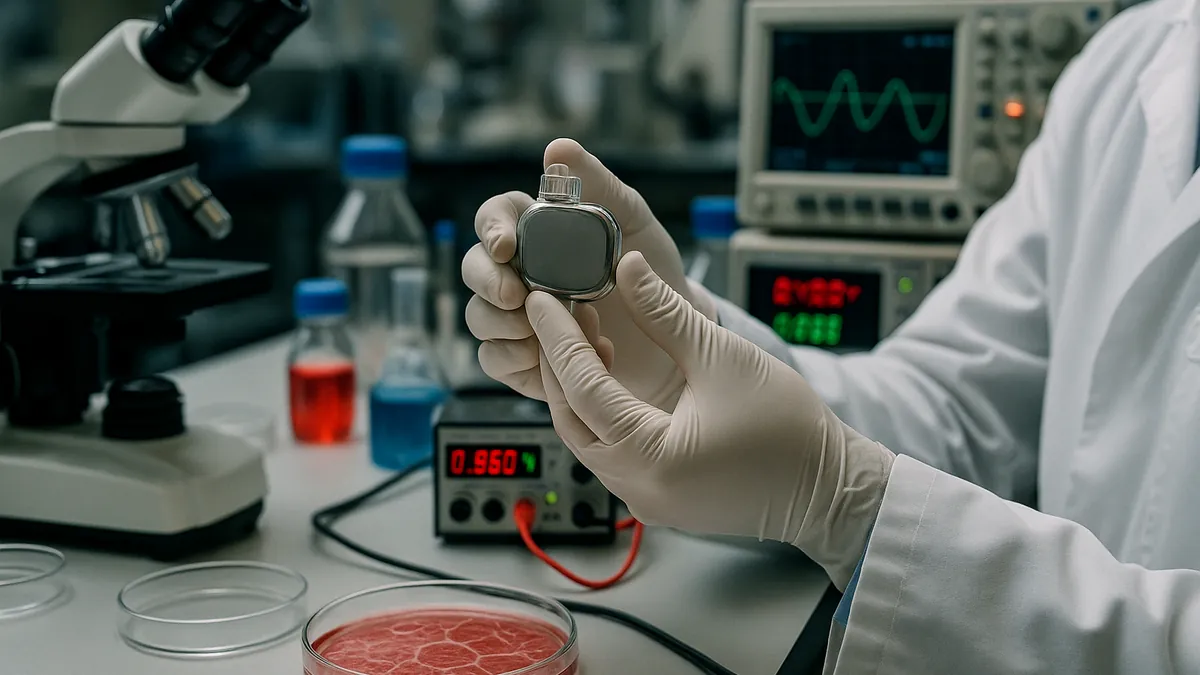 A scientist in a lab coat handling a small implant device amid laboratory instruments and electronic equipment.