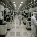 A semiconductor manufacturing plant floor with workers in cleanroom suits operating memory chip production machinery and wafer processing stations.