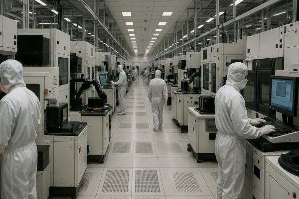 A semiconductor manufacturing plant floor with workers in cleanroom suits operating memory chip production machinery and wafer processing stations.