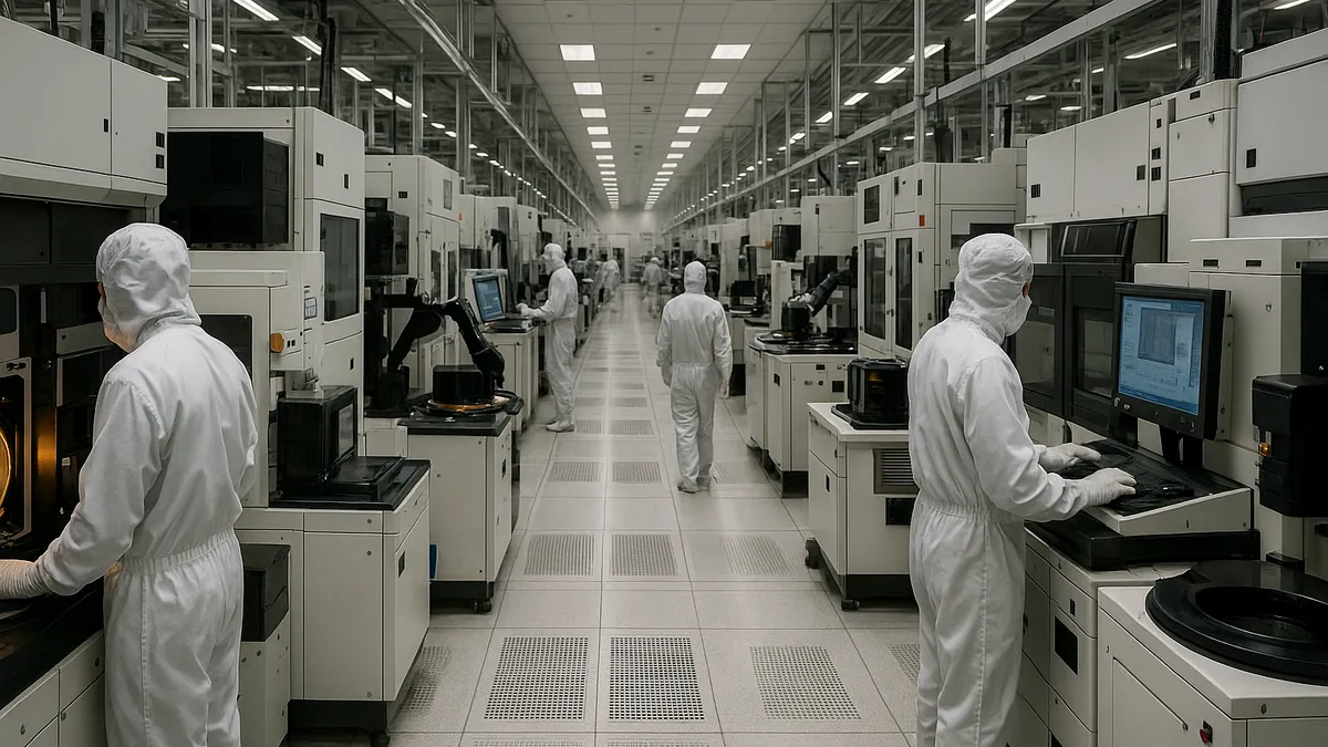 A semiconductor manufacturing plant floor with workers in cleanroom suits operating memory chip production machinery and wafer processing stations.