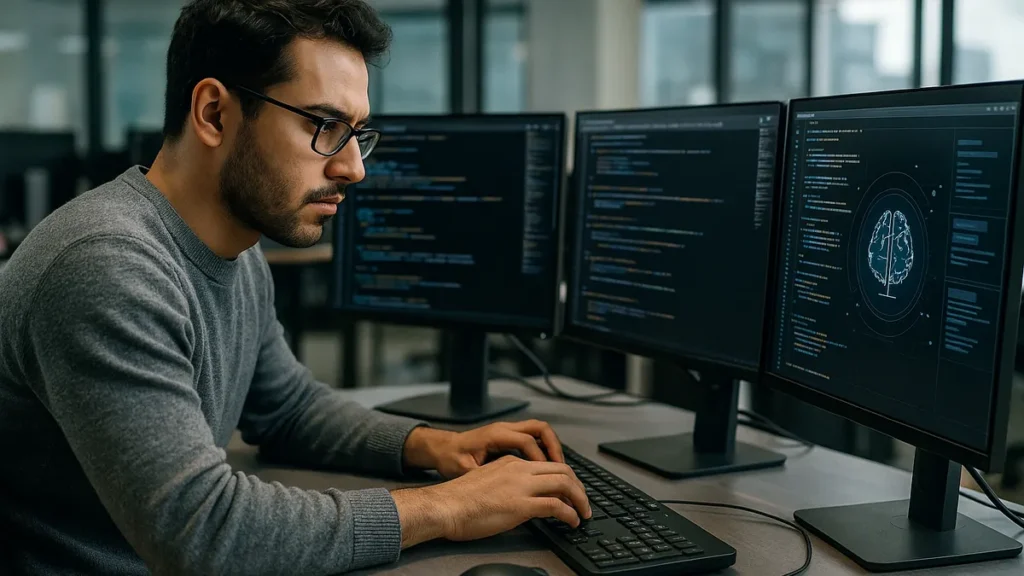A software developer focused on coding at a desk with multiple monitors showing AI and speech synthesis interfaces.
