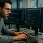 A software developer focused on coding at a desk with multiple monitors showing AI and speech synthesis interfaces.